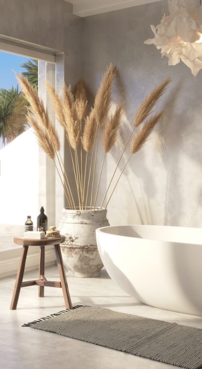 3d Mediterranean Greek island style bathroom with a bathtub and a view to the aegean sea